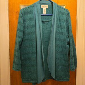 Alfred Dunner Two-piece Turquoise Cardigan Set with Suede-like Lapels (L)